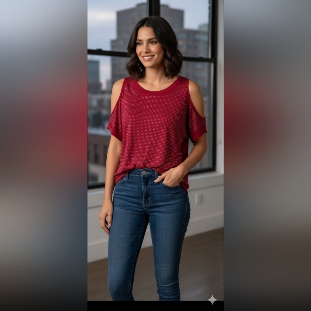I.N.C. International ConceptsWomen's Cold-Shoulder Studded Top Red Zenith L EUC